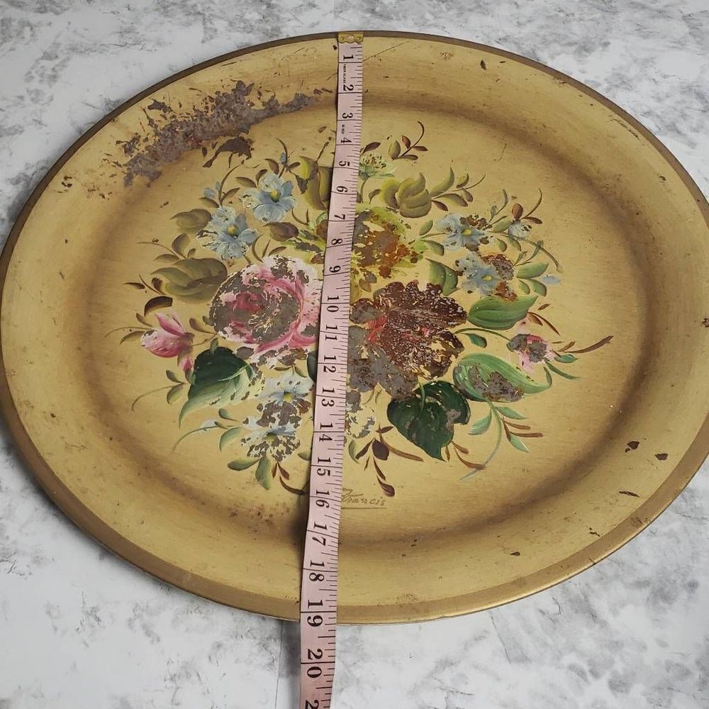 Vintage Nashco Tan and Floral Rustic Round Tray - Picture 7 of 13